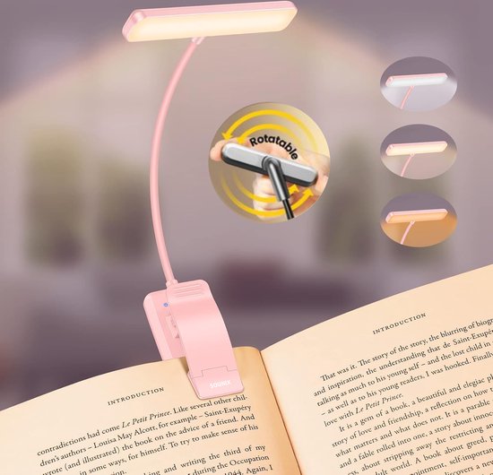 Sounix LED Leeslampje voor Boek met Klem - 315° draaibaar Leeslamp - 24 LED - Boeklampje met 3 Lichtstanden - Oplaadbare boeklamp USB - Dimbaar - Rose
