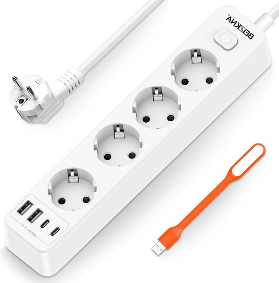 Anker Meervoudige stekkerdoos, 8-voudige stekkerstrip, stekkerstrip met 4 USB, 20W USB C snelladen, meervoudige stekkerdoos met schakelaar, 2m kabel stekkertoren voor kantoor, thuis, gaming