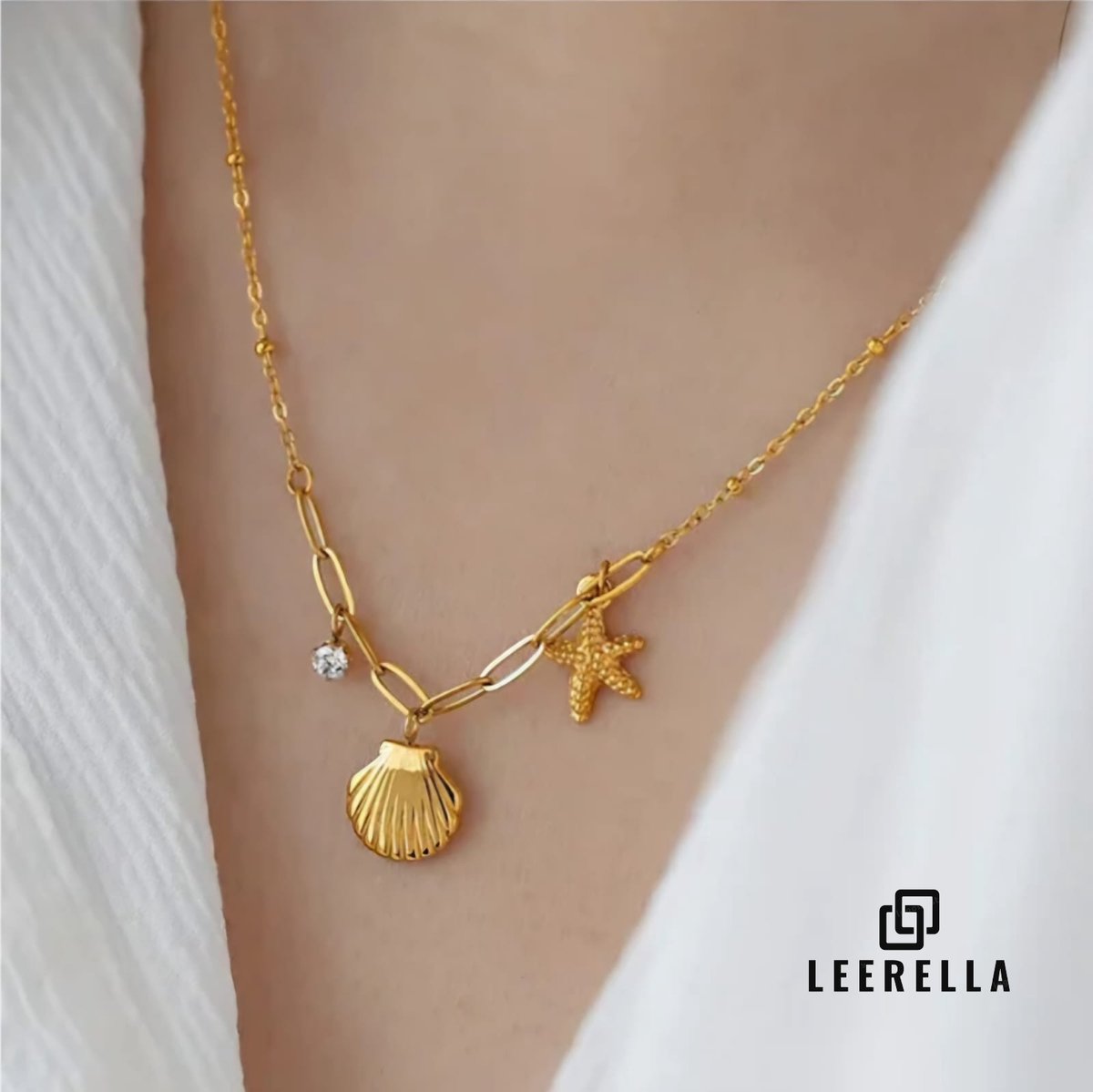Leerella Luxe Damesketting Zeester & Schelp - Roestvrij Staal, Goudkleurig Moederdag, Valentijnsdag en Verjaardag Cadeau 41+5cm