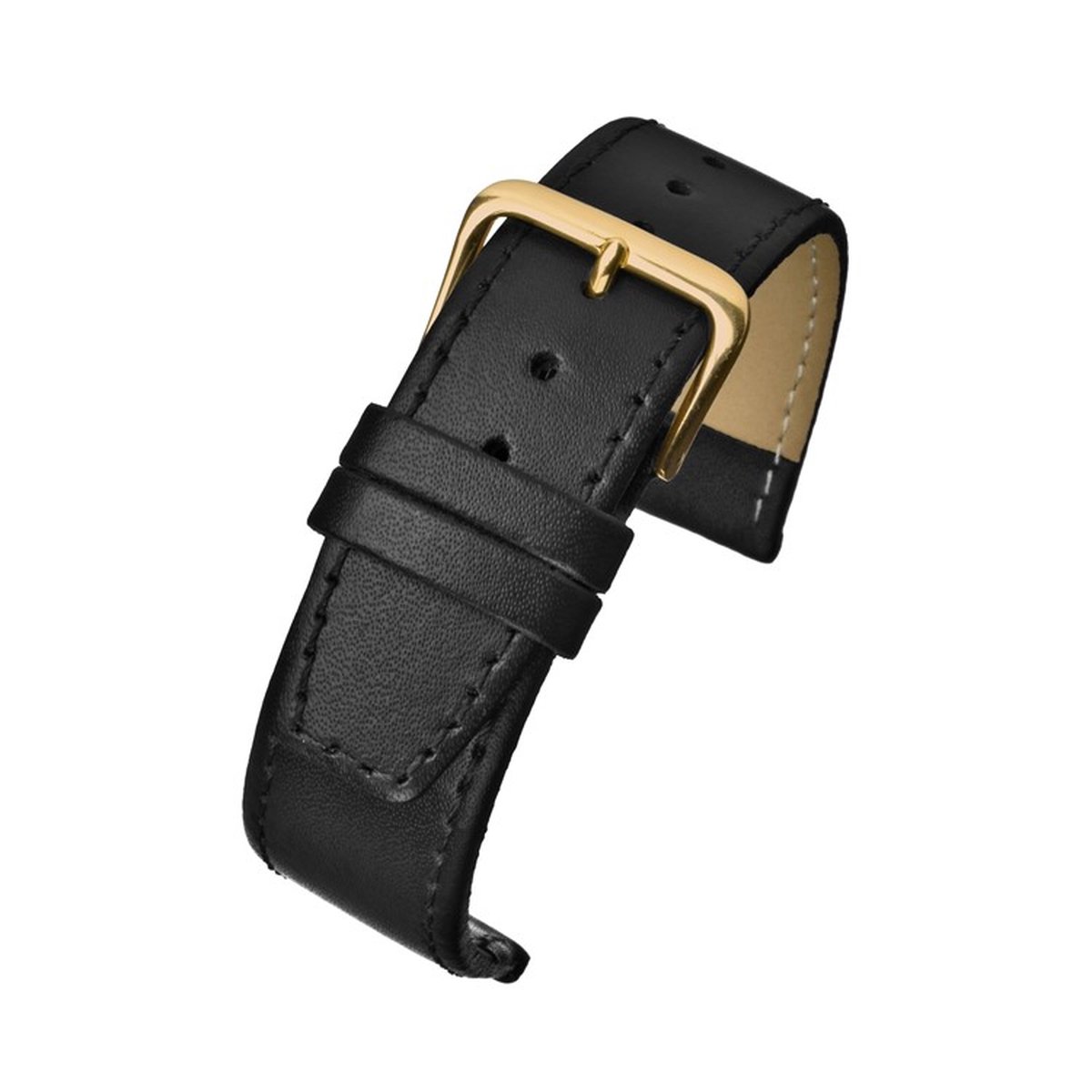 Horlogeband-horlogebandje-14mm-zwart-gestikt-echt leer-plat- goudkleurige gesp-leer-14 mm