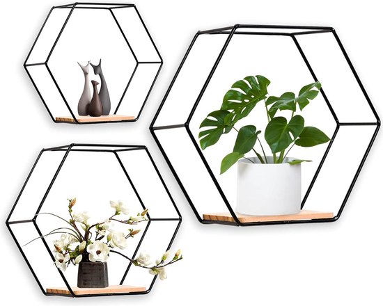 Set van 3 zeshoekige metalen wandrekjes met houten plankje - Goud | Leen Bakker