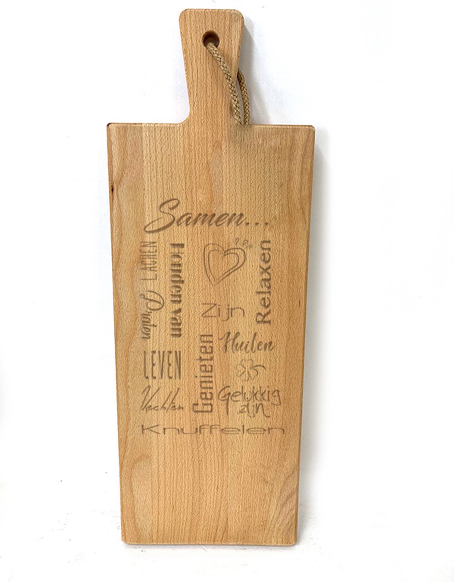 Grote borrelplank / snijplank met tekst gravure : SAMEN. Cadeau-bruiloft-trouwdag-samenwonen. Het formaat is 20x56cm