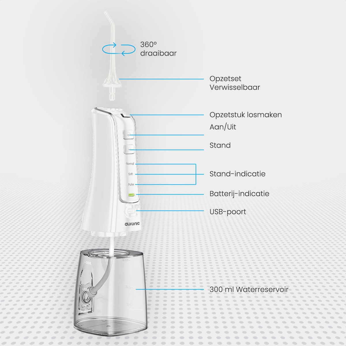 Auronic Waterflosser - Monddouche Elektrisch - 3 Standen - Draadloos en Oplaadbaar - 300 ml - 4 Opzetstukjes - Wit thumbnail 4
