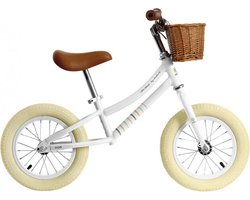 DeQube Loopfiets met Twee Wielen - Wit - Met Retro Mandje - Vanaf 2 Jaar - Inclusief Stickers en Bel - Vintage Design - 12 Inch - Met Handvatten van Leer