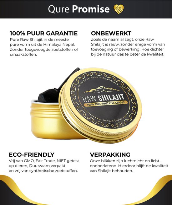 Gouden blik met Raw Shilajit, 100% puur Himalayisch shilajit, rijk aan fulvinezuur en sporenelementen.