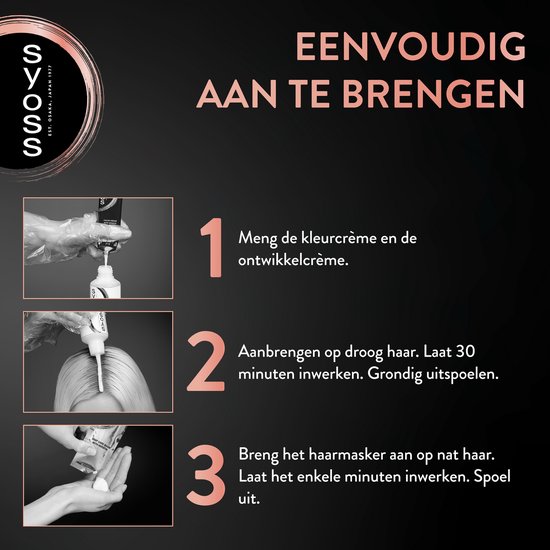 Illustraties die de eenvoudige stappen van het aanbrengen van de haarkleuring tonen.