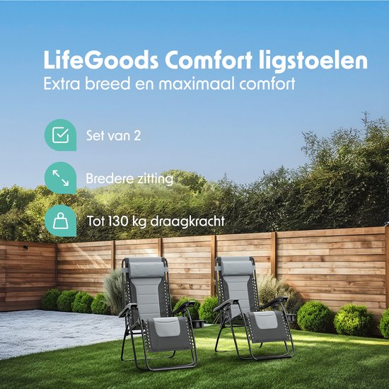 LifeGoods Ligstoelen Comfort - Opvouwbaar - 30°-90° Verstelbaar - Beker en Telefoonhouder - Tuinstoelen - Zwart/Grijs van LifeGoods — afbeelding 2