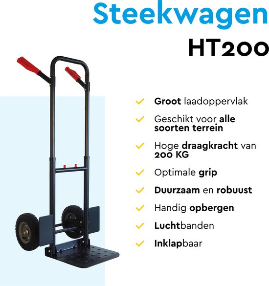 Steekwagen HT200 met een groot laadoppervlak, twee wielen en rode handvatten.