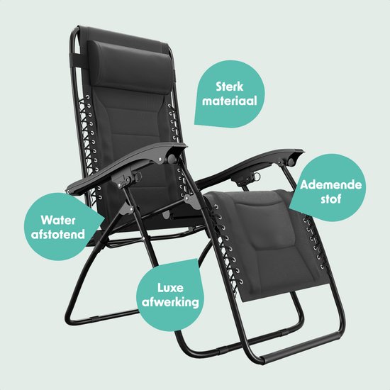 LifeGoods Ligstoelen Comfort - Opvouwbaar - 30°-90° Verstelbaar - Beker en Telefoonhouder - Tuinstoelen - Zwart van LifeGoods — afbeelding 5