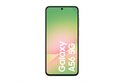 Voorkant van een zilverkleurige Samsung Galaxy A56 5G met een abstracte achtergrond op het scherm.