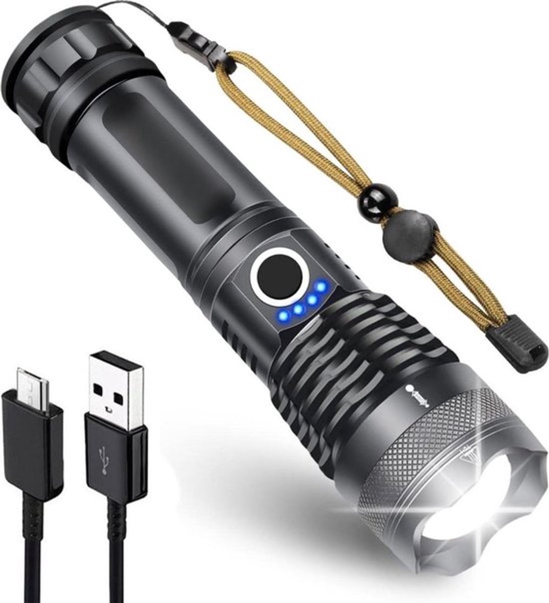 Bol.com Zaklamp 10000 lumen - waterdicht - USB oplaadbaar - voor kamperen en buitenactiviteiten aanbieding