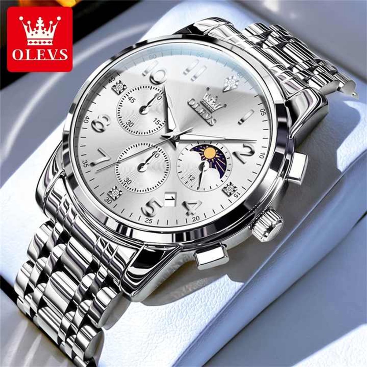 HO-3628.z : Olevs zilverkl edelstaal horloge, zilverwitte wijzerplaat, zilverkl cijfers, uren minuten maanfase -aanduiding, dagkalender