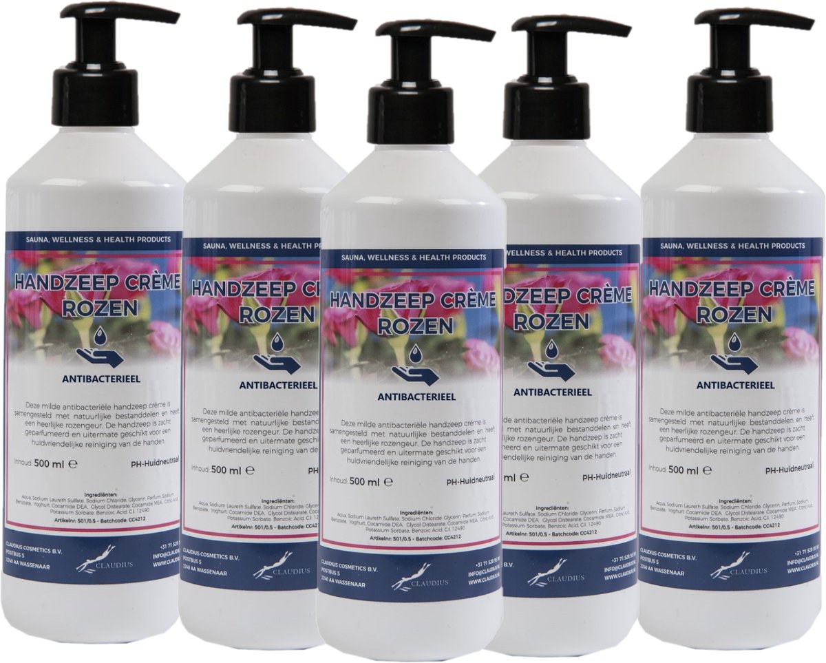 Handzeep Creme Rozen 500 ml - met gratis pompje - set van 5 stuks - Voordeelverpakking
