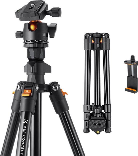 K&F K234A0 Tripod Statief voor Camera/ Mobiele Telefoon - 163 cm Aluminium Camerastatief met Telefoonhouder