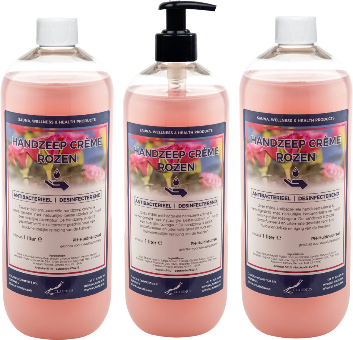 Handzeep Creme Rozen 1 liter - met gratis pomp - set van 3 stuks