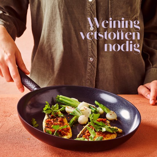 Koekenpan met gebakken vis en groenten, met de tekst 'Weinig vetstoffen nodig'.