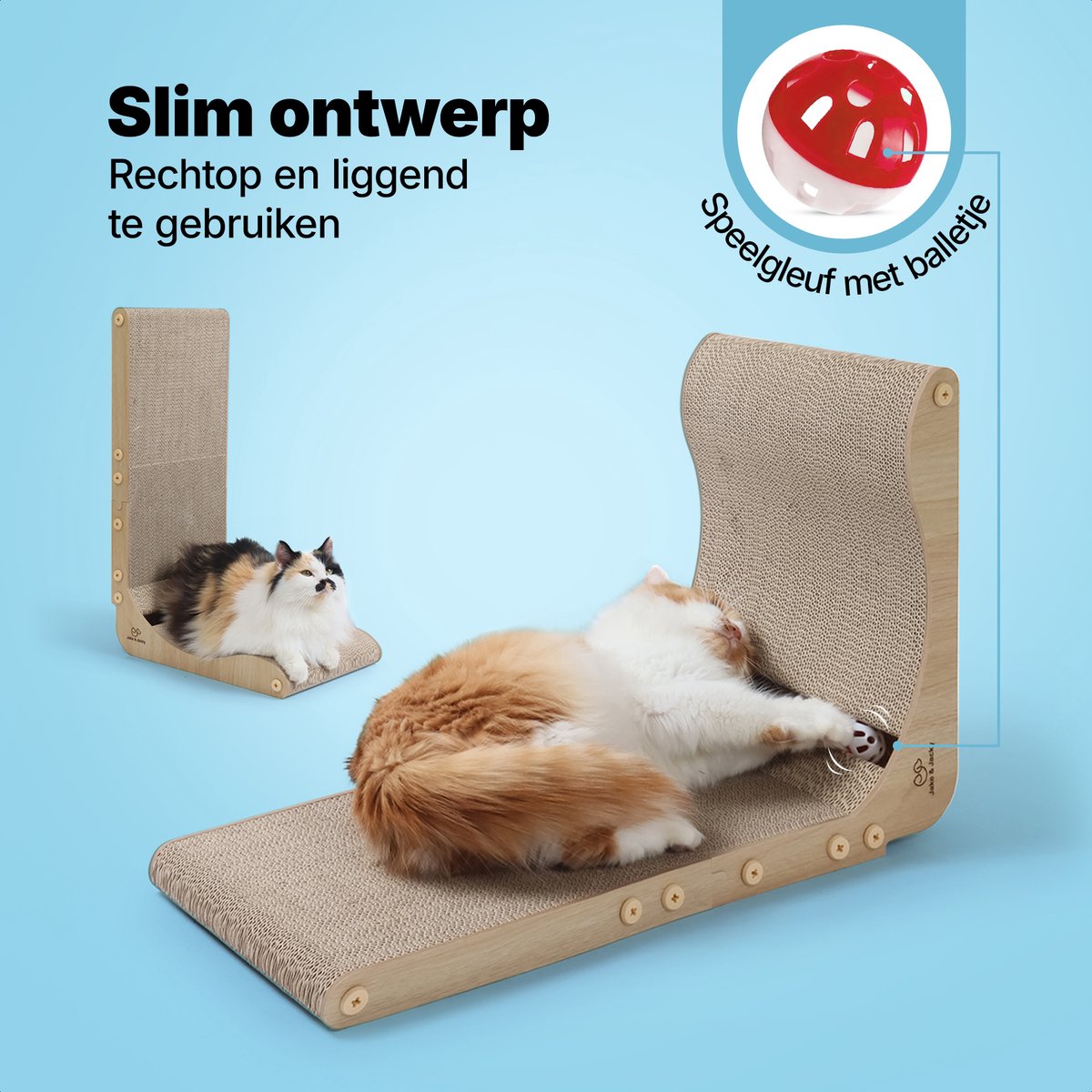 Jake and Jacky Krabkarton voor Katten met Speelballetje - Krabpaal Karton - Krabplank - Krabmand - Krabmeubel - Kartonnen Krabmat - Kattenmand - Kattenbed - 60x26,4x40 cm – foto 8