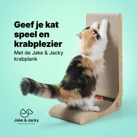 Jake and Jacky Krabkarton voor Katten met Speelballetje - Krabpaal Karton - Krabplank - Krabmand - Krabmeubel - Kartonnen Krabmat - Kattenmand - Kattenbed - 60x26,4x40 cm