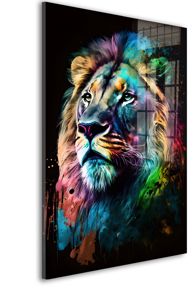 Glasschilderij Vurige koningsvisie - 30 x 20 cm - Leeuw - Dierenhoofden - Acrylaat - Inclusief wandbevestiging - Foto op plexiglas - Wanddecoratie woonkamer