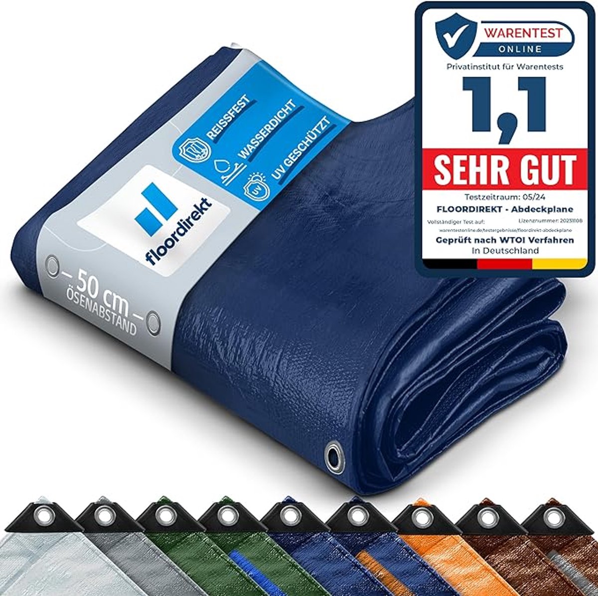 FLOORDIREKT Dekzeil - Stoffen Dekzeil - Beschermhoes - Bootzeil - Tentonderzeil voor Camping & Outdoor - Waterdicht - Met Zeilogen - 80 g/m² - Blauw - 1,5 x 6 m