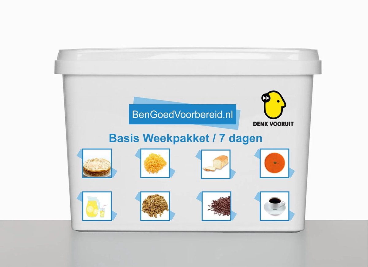 Cover van Noodpakket 7 Dagen – Overlevingspakket & Noodrantsoen 2800 kcal per Dag – 30 Jaar Houdbaar – Prepper Eten & Survival Set – Droogvoedsel, Emergency Food, Crisis Voorraad, Compleet Weekpakket volgens Overheid Advies – Denk Vooruit