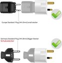 Reisadapter met een Europese stekker (4.0mm en 4.8mm) naar een type G stopcontact. 'Europe Standard Plug (φ4.0mm) small stecker' en 'Germany Standard Plug (φ4.8mm) Bigger Stecker Schukostecker'.