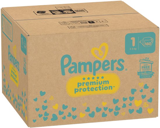 Pampers Premium Protection luiers doos, maat 1, 180 luiers, 2-5 kg. De doos is van karton met gele en blauwe hartjes.
