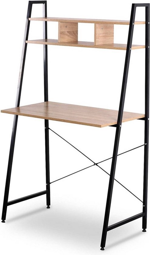 Modern bureau van hout, computertafel met hoge boekenkast met 6 planken, ruim, gemakkelijk te reinigen, modern werkstation voor kantoor en thuis, licht hout