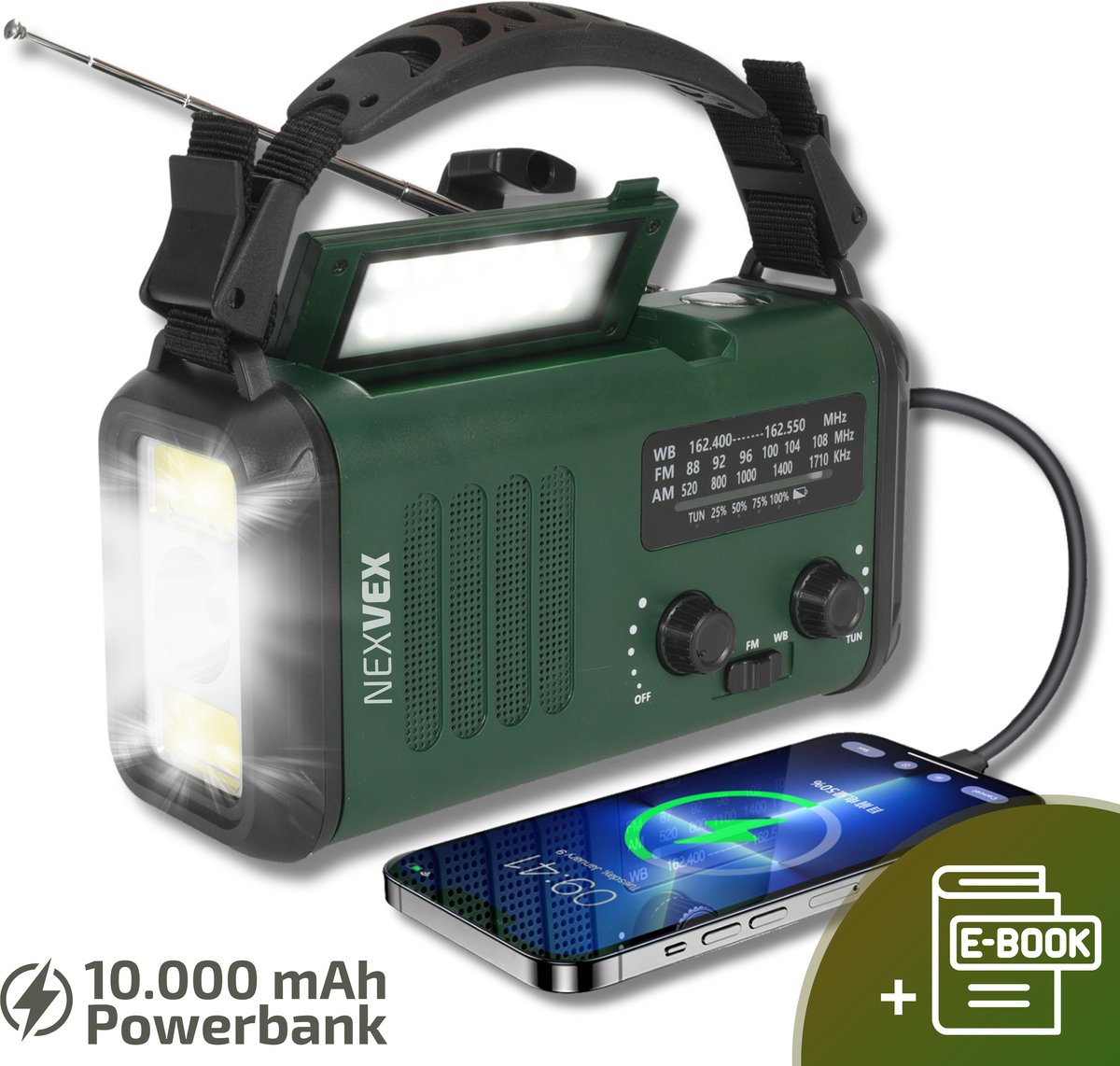 Nexvex® Pulse 1X Noodradio Powerbank 10000mAh - Solar Powerbank Zonneenergie - Noodpakket - Survival Kit Kamperen - Militaire Zaklamp LED Oplaadbaar - Draagbare Radio Wandelen - Leeslamp - Nood Kompas - Opwindbaar - Zonnepaneel - Noodrantsoen - Groen