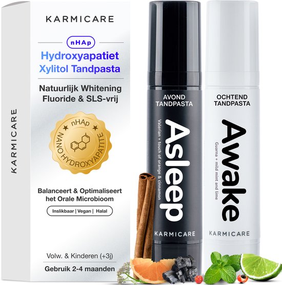 KARMICARE Duo Tandpasta zonder Fluoride - Nano Hydroxyapatiet Tandpasta met Xylitol, Optimaal Mondmicrobioom, Tandpasta Whitening, Volwassenen & Kinderen, Verzorgd Gevoelige Tanden & Tandvleesontsteking, Voorkomt Tandplak, Vult Kleine Gaatjes, 2x32ml