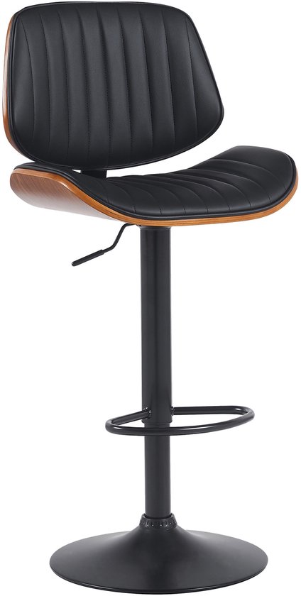 Tabouret de bar CLP Clawson - avec dossier et repose-pieds - avec cadre en bois courbé - réglable en hauteur et rotatif - Similicuir - noyer/noir noir