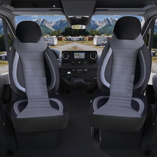 Housses de siège pour fourgon Renault Master 2 sur mesure, jeu de 2 pièces - côté conducteur 1 + 1 côté passager | Avec housses d'accoudoirs | CBS105 | Gris-noir