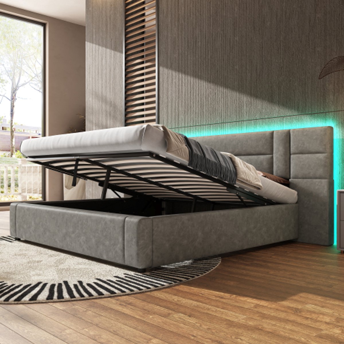 LED gestoffeerd bed 180 x 200 cm, hydraulisch bed, met LED-verlichting, met opbergruimte, voor volwassenen & tieners, houten lattenbodem, eenvoudige montage, PU, ​​​​dubbel grijs
