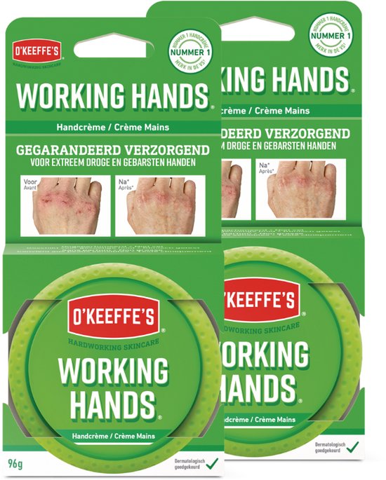 O'Keeffe's Working Hands handcrème, twee verpakkingen. Met 'Voor' en 'Na' foto's van handen.