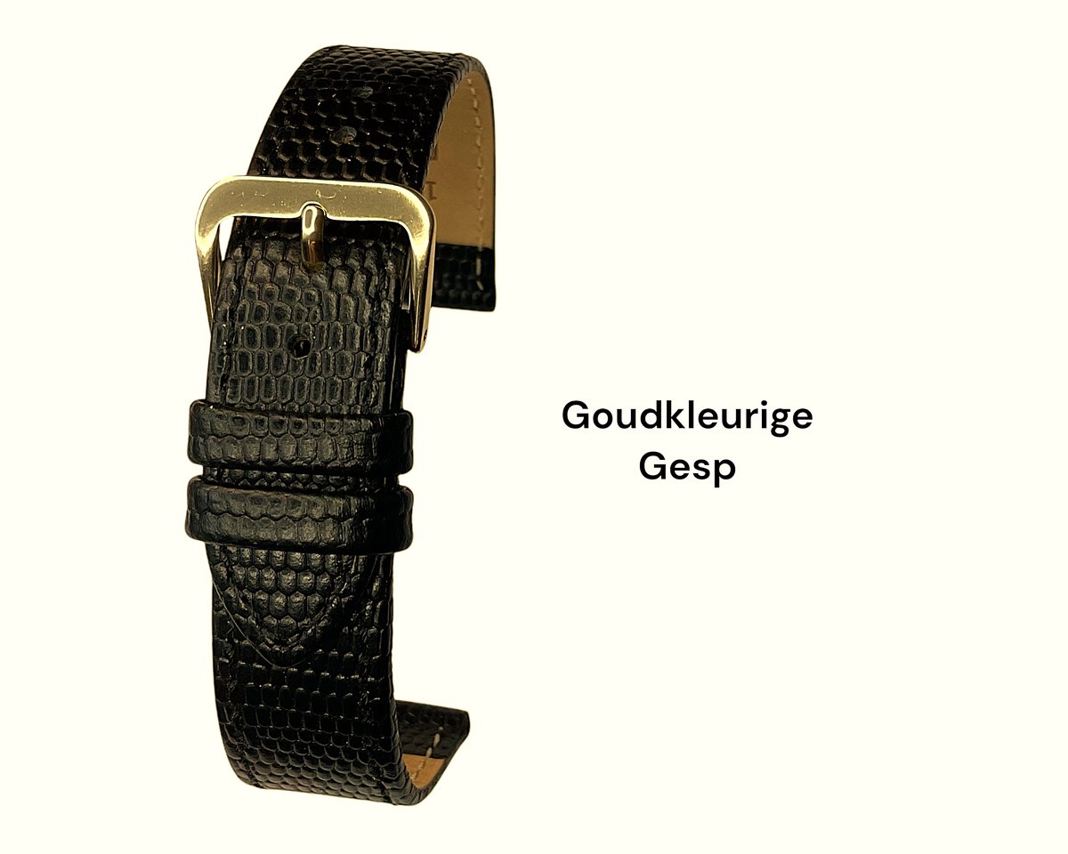 Horlogeband-horlogebandje-10mm-zwart -croco-lizard print-echt leer-plat-goudkleurige gesp-leer-10 mm