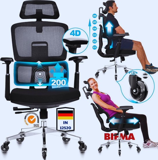 Bureaustoel, 200 kg, XXL, extra breed verenkussen, rubberen wielen