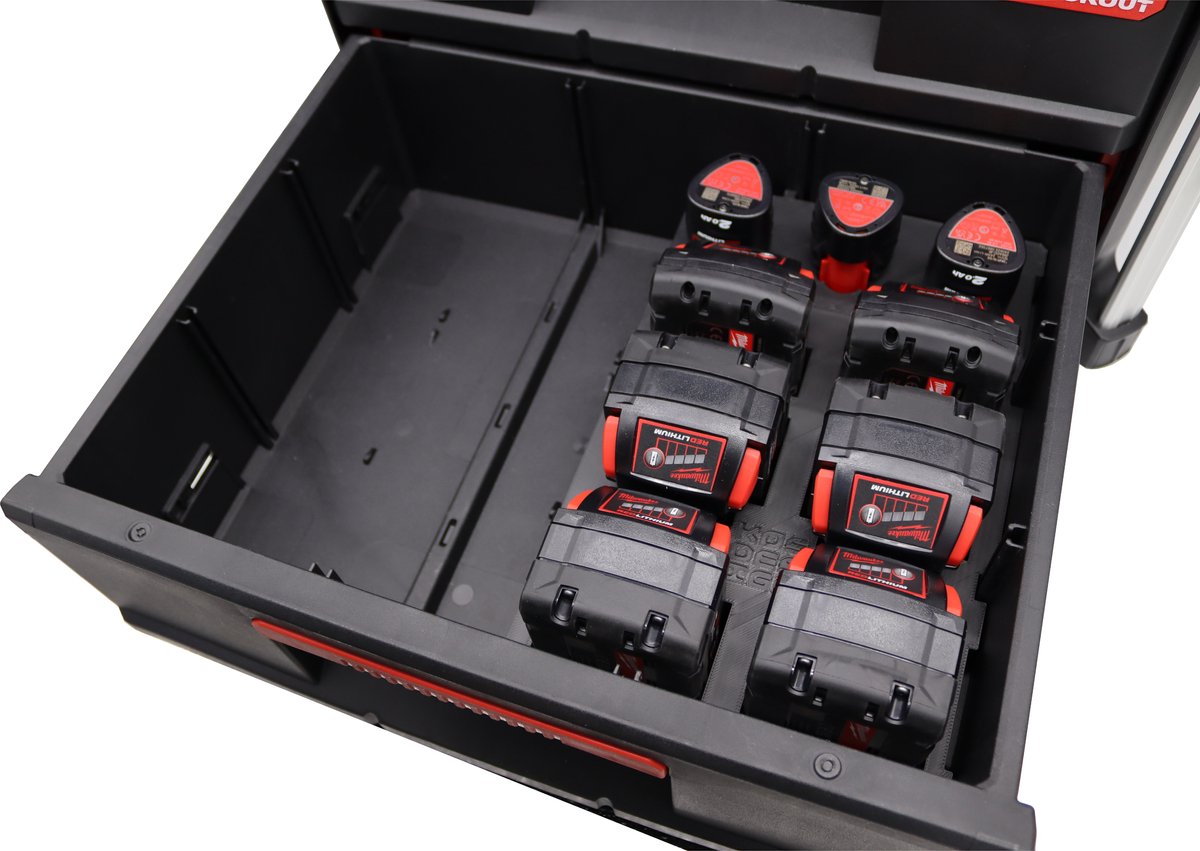 Milwaukee Packout 2 lades kist inzet – Professioneel 3D geprint voor M18 + M12 accu’s - Gereedschapskoffer insert | Organizer voor batterijen | Packout accessoire