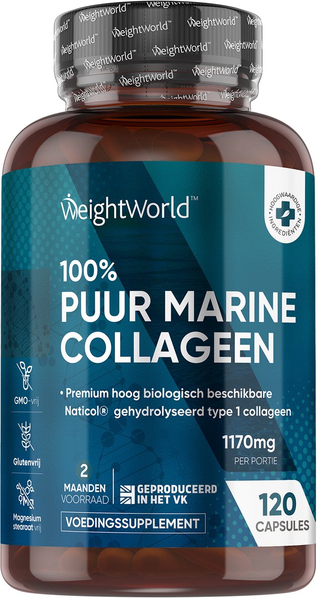 Goedkoopste Pure Marine Collageen - 1170mg - 120 capsules voor 2 maanden voorraad - Gehydrolyseerd Type 1 collageen poeder in elke capsule - Laboratorium getest op onzuiverheden - Geproduceerd in het Verenigd Koninkrijk - Viscollageen supplement van WeightWorld
