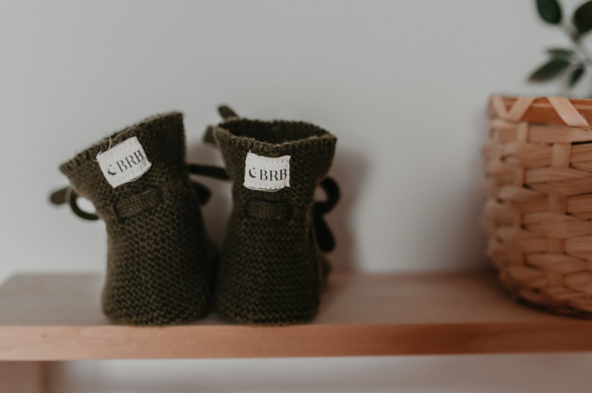 Baby slofjes Merino Wol met Veter - Donkergroen - 0-6 maanden