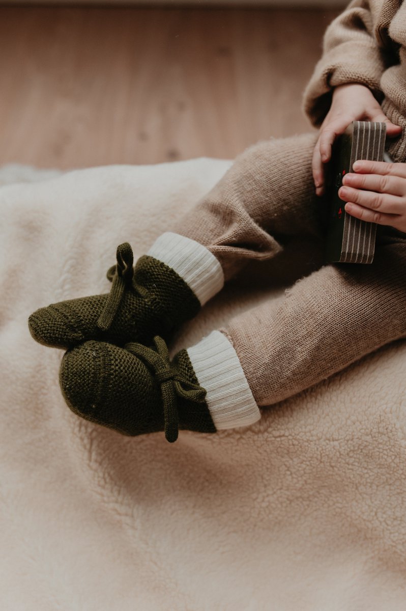 Baby slofjes Merino Wol met Veter - Donkergroen - 9-15 maanden