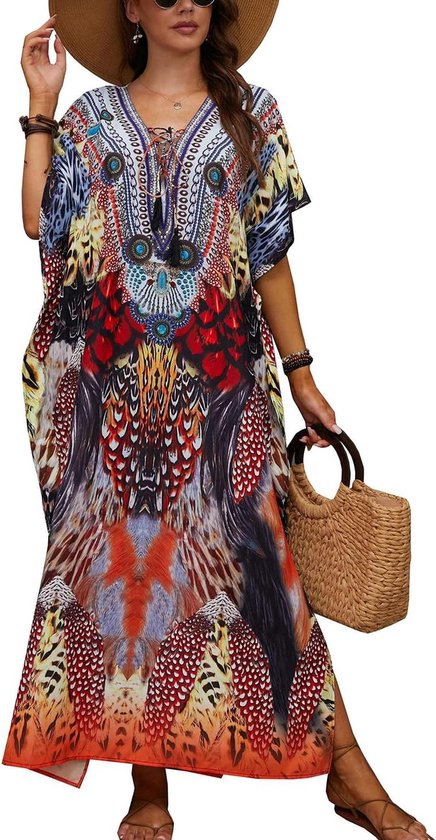 Bohemien Cover-up Badpak Lange Voor Dames - Bohemian Strand Cover-up, Maxi Kimono, één Maat Kaftan Jurk