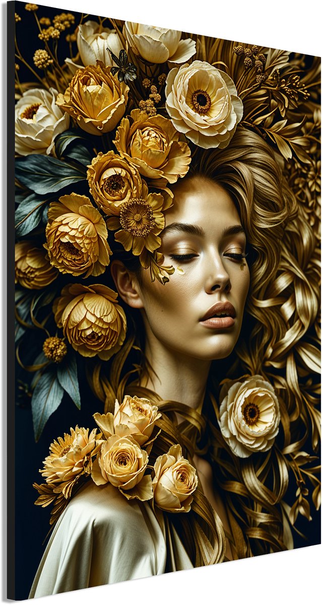 Wanddecoratie Metaal - Aluminium Schilderij Gouden bloemenpracht dromen - 30 x 20 cm - Vrouw - Muurdecoratie woonkamer en slaapkamer - Inclusief ophangsysteem - Modern - Modern - Displate alternatief