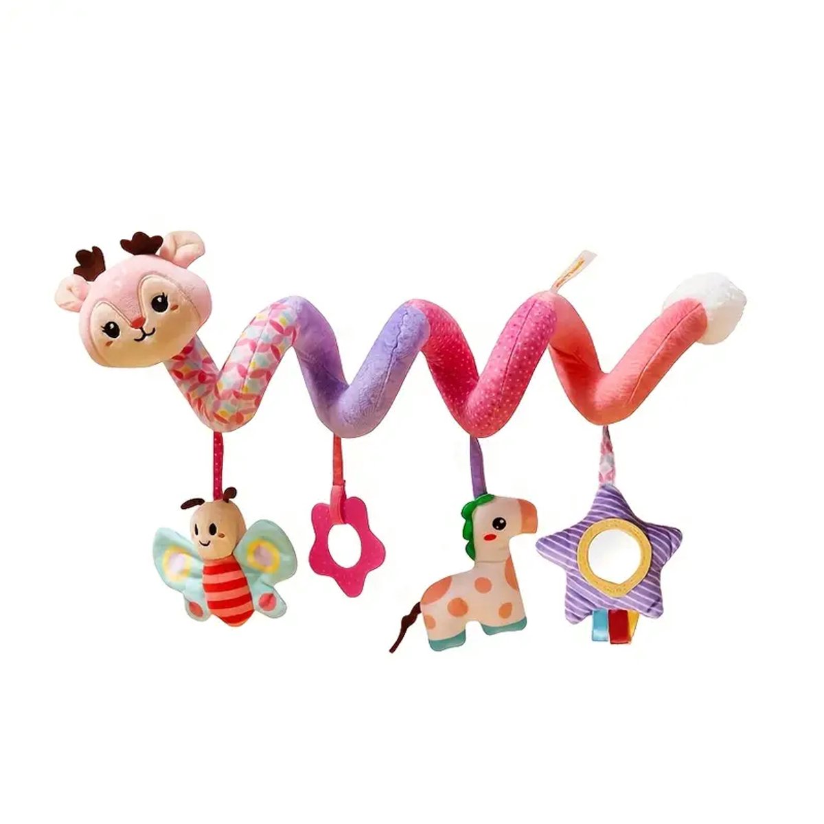 Dutchers.® Speelboog - Activiteitenspiraal - Pluche - Wagenspanner - Multifunctioneel - Voor De Kinderwagen - Boxspiraal - Baby Spiraal - Ook Geschikt voor de Maxi Cosi - Zacht Materiaal - Kleurrijk - Cadeau Baby - Kraamcadeau - Meisjes