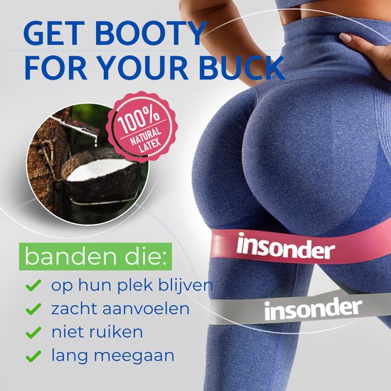 Close-up van een vrouw in blauwe sportkleding met een roze 'insonder' weerstandsband om haar heupen. 'Get booty for your buck'.