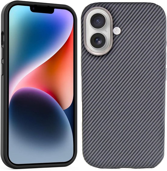 IYUPP Hoesje geschikt voor iPhone 16 Hoesje - Geschikt voor MagSafe - Carbon Textuur - Shockproof Back Cover - Zwart