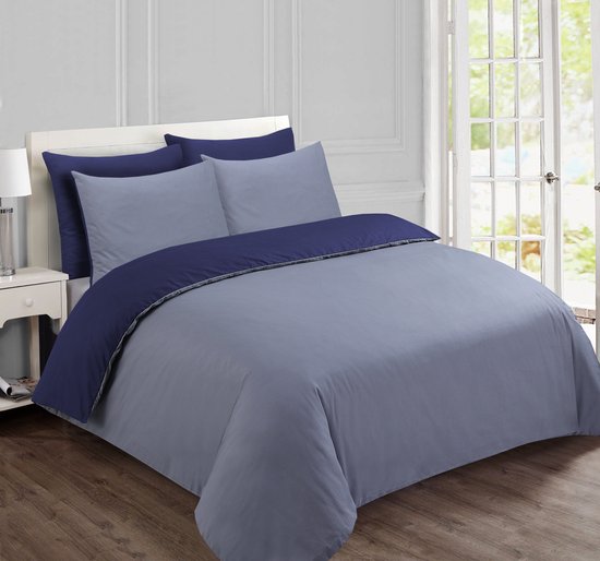 Housse de couette réversible double face Vision - Bleu Marine / Grijs - 135 x 200 cm avec 1 taie d'oreiller 80 x 80 cm - lit simple - 100% Katoen