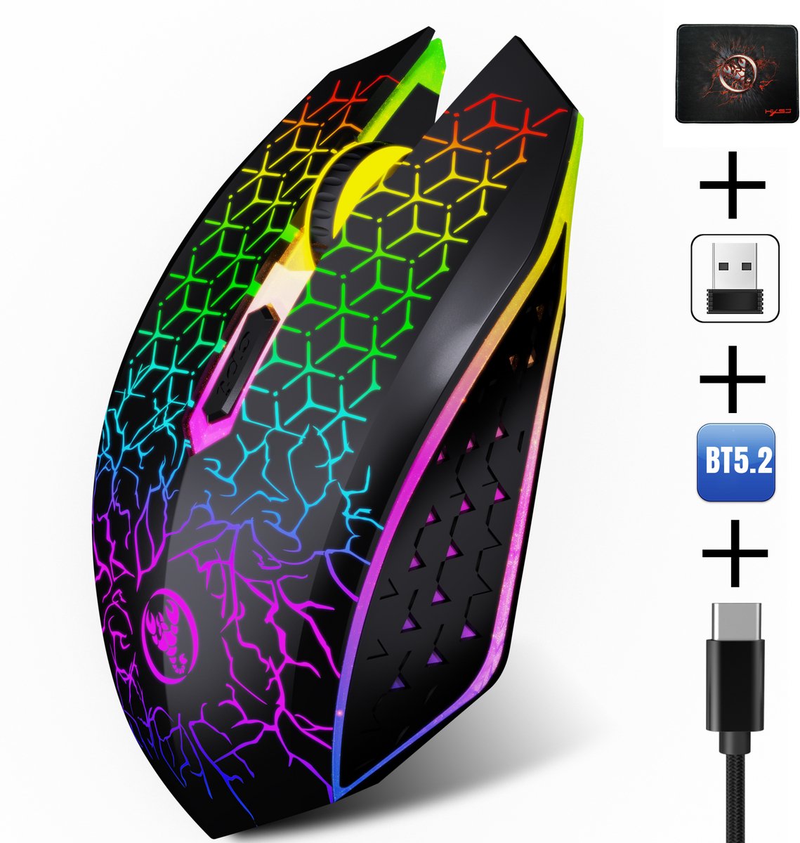 HXSJ T34 - Draadloze Gaming & Office Muis - Zwart - Ultra licht - RGB Verlichting - Inclusief Gratis Muismat - Licht zwart
