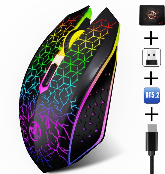 HXSJ T34 - Draadloze Gaming & Office Muis - Zwart - Ultra licht - RGB Verlichting - Inclusief Gratis Muismat - Licht zwart