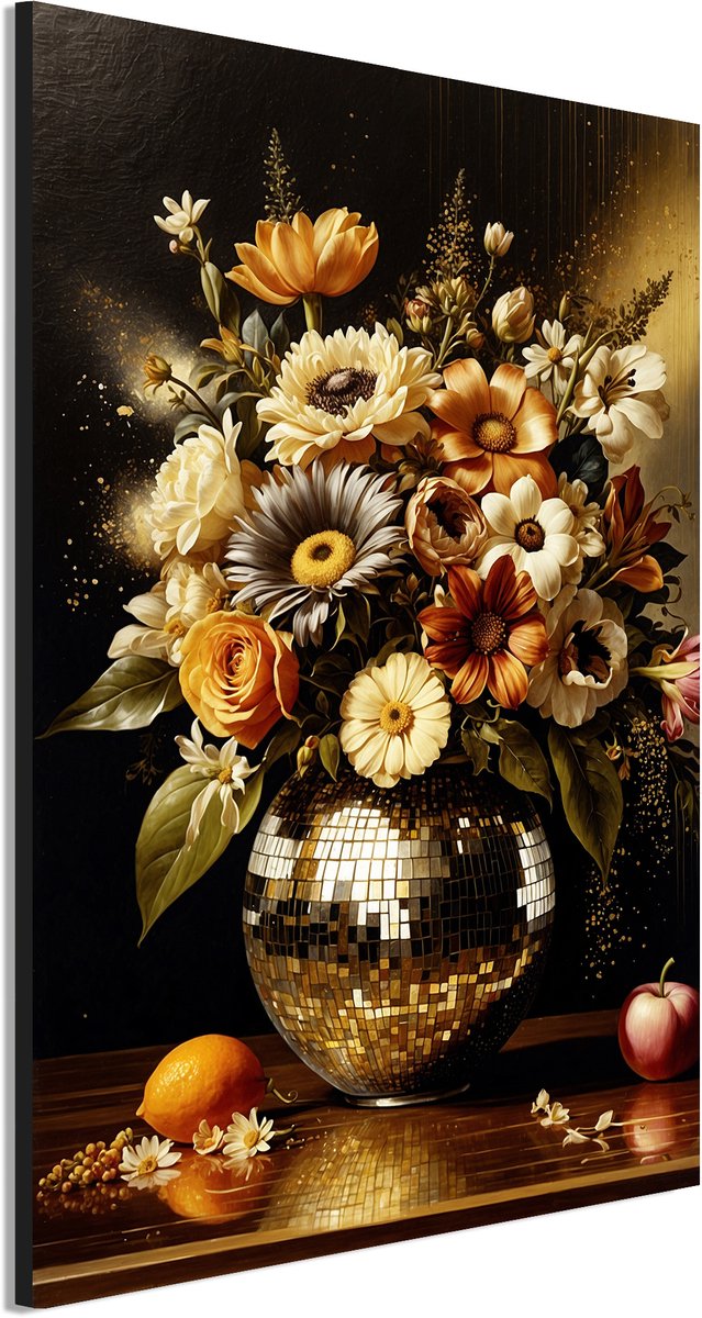 Wanddecoratie Metaal - Aluminium Schilderij Gouden bloemendisco vaas - 30 x 20 cm - Bloemen - Muurdecoratie woonkamer en slaapkamer - Inclusief ophangsysteem - Klassiek - Modern - Displate alternatief