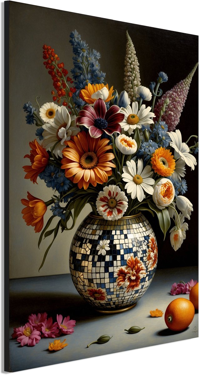 Wanddecoratie Metaal - Aluminium Schilderij Bloemrijk mozaïekkunstwerk stralen - 30 x 20 cm - Bloemen - Muurdecoratie woonkamer en slaapkamer - Inclusief ophangsysteem - Klassiek - Modern - Displate alternatief